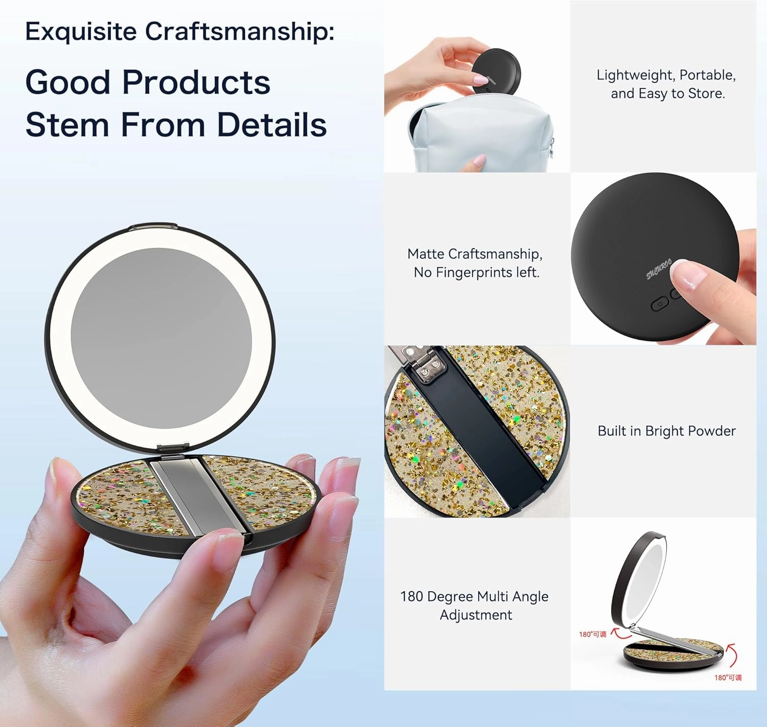 LED Travel Makeup Mirror with 3-Color Adjustable Light - Enhance Your Beauty Anytime, 250 mAh Super Long Battery Life; Phone Stand for iPhone &The Best Solution for Self-use and Gifting (Black)