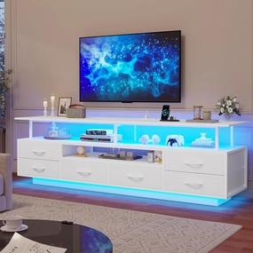 LED TV Stand with Power Outlets for 65 70 Inches TVs, Entertainment Center with Open Shelves & 6 PU Fabric Drawers, TV Media Console Table for Living Room, Bedroom, White