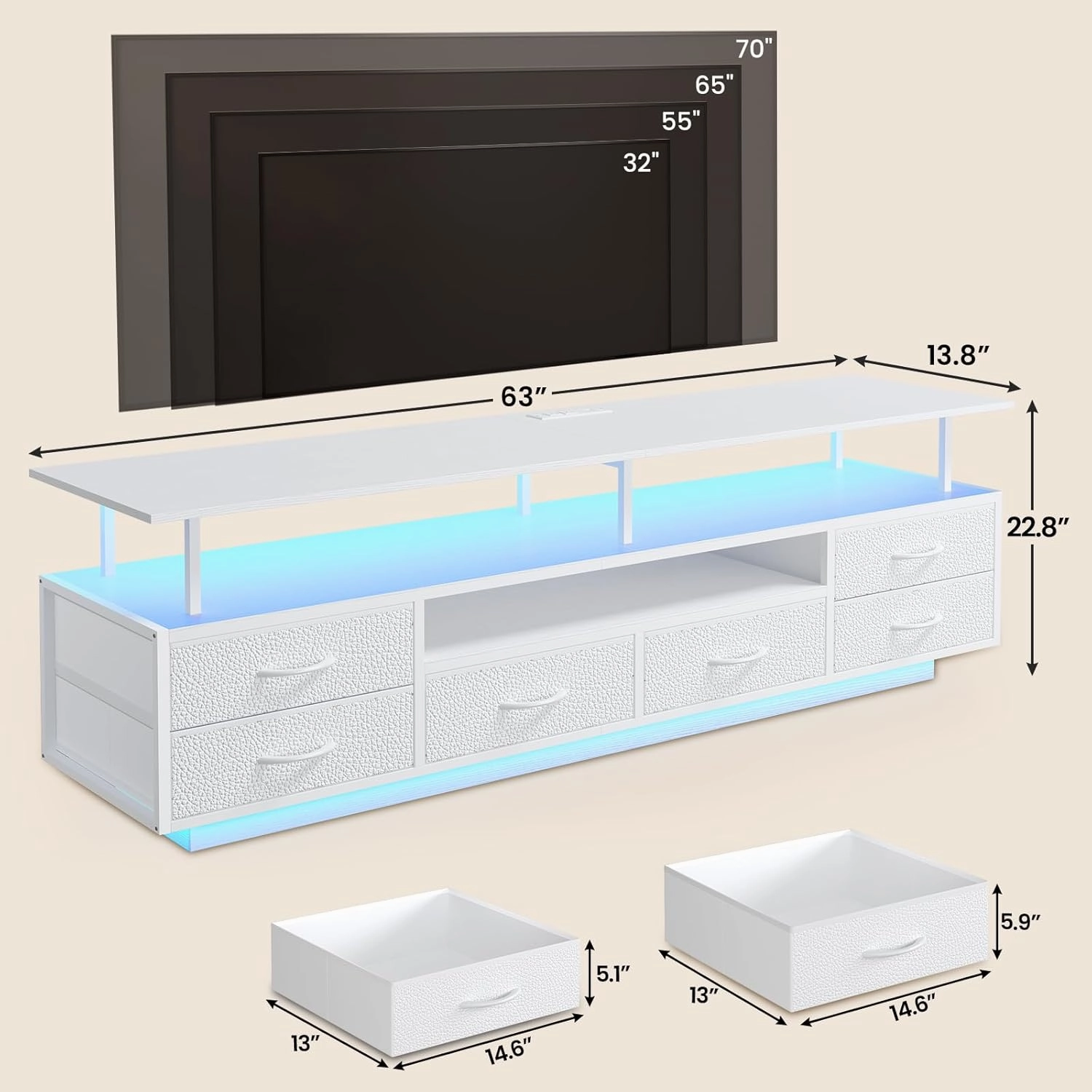 LED TV Stand with Power Outlets for 65 70 Inches TVs, Entertainment Center with Open Shelves & 6 PU Fabric Drawers, TV Media Console Table for Living Room, Bedroom, White