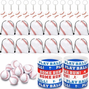 LEIFIDE 48 Pcs Basketball Soccer Football Baseball Party Favors Supplies 12 Sets Silicone Bracelet Drawstring Treat Bag Mini Stress Ball Keychains for Birthday Sports Party Supplies(Baseball)