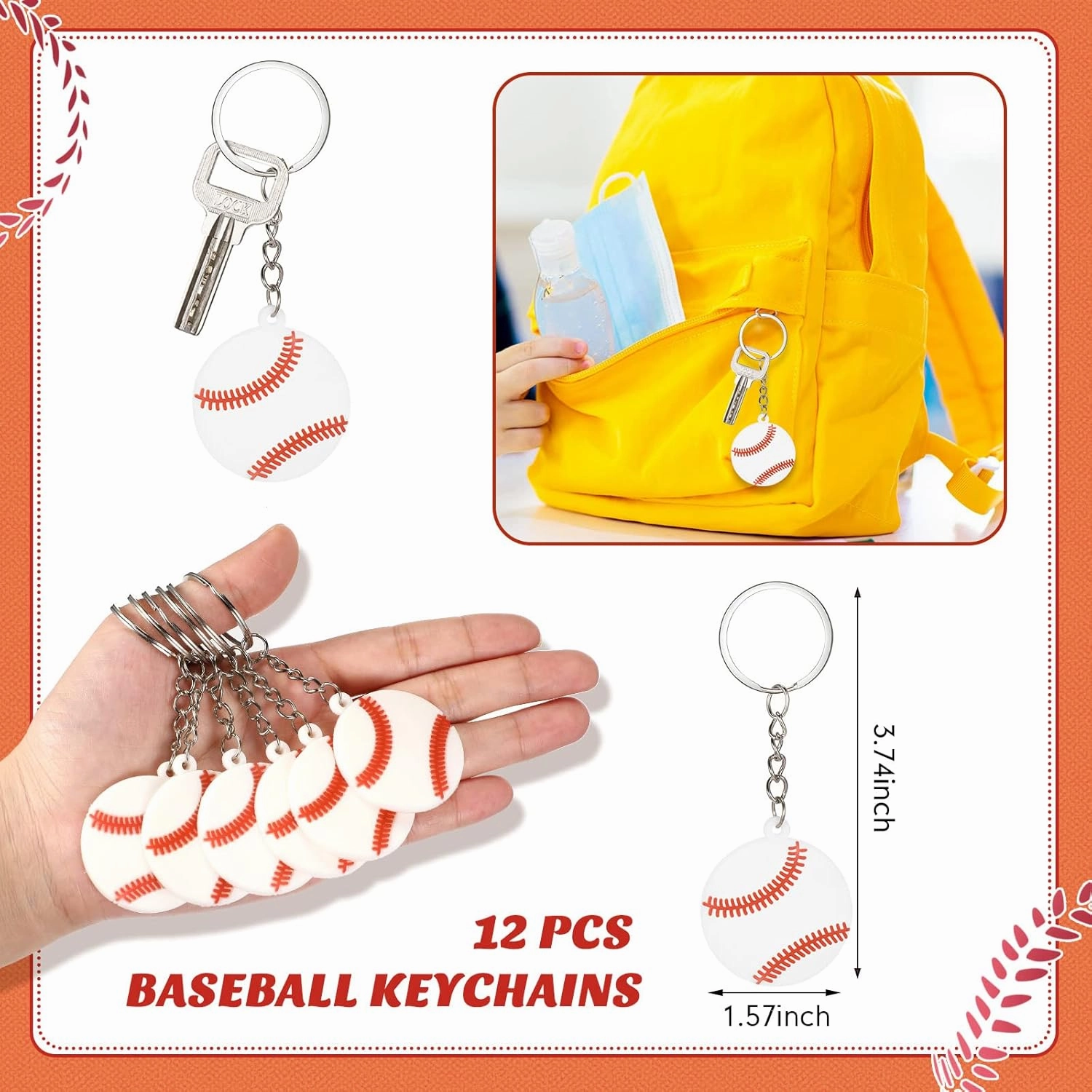 LEIFIDE 48 Pcs Basketball Soccer Football Baseball Party Favors Supplies 12 Sets Silicone Bracelet Drawstring Treat Bag Mini Stress Ball Keychains for Birthday Sports Party Supplies(Baseball)