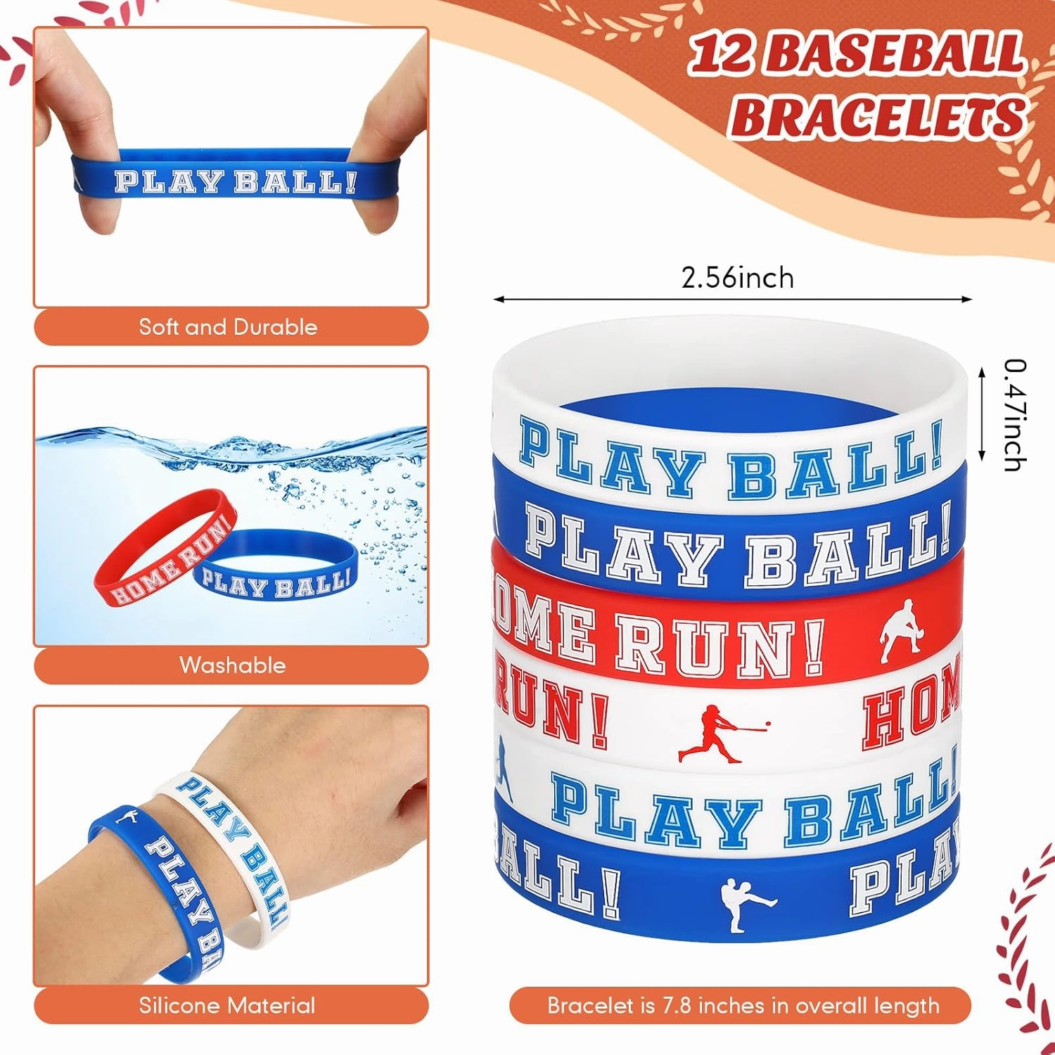 LEIFIDE 48 Pcs Basketball Soccer Football Baseball Party Favors Supplies 12 Sets Silicone Bracelet Drawstring Treat Bag Mini Stress Ball Keychains for Birthday Sports Party Supplies(Baseball)