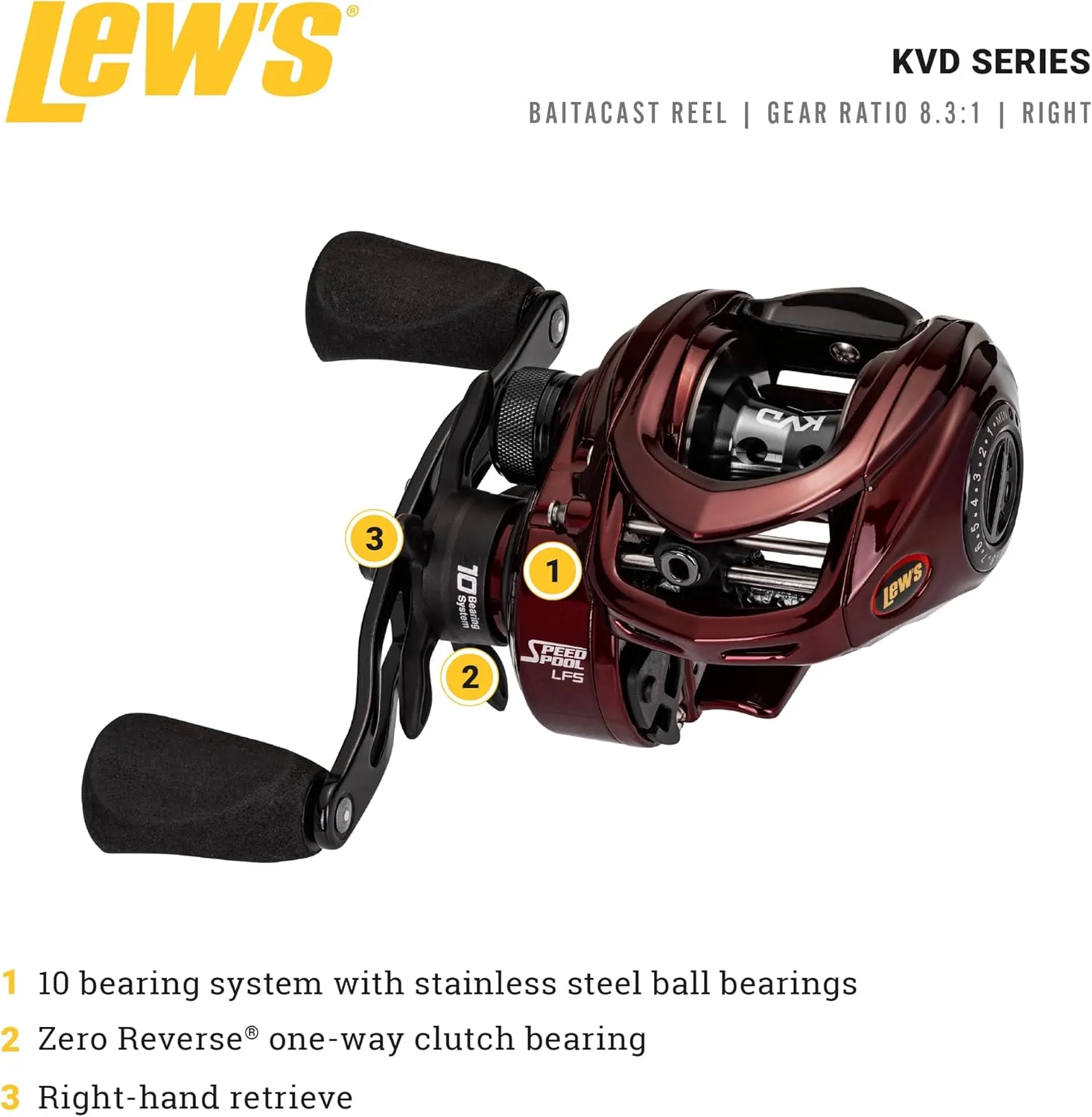 Lew's KVD Baitcast Fishing Reel, Aluminum Frame, Premium 10 Stainless Steel Ball Bearings