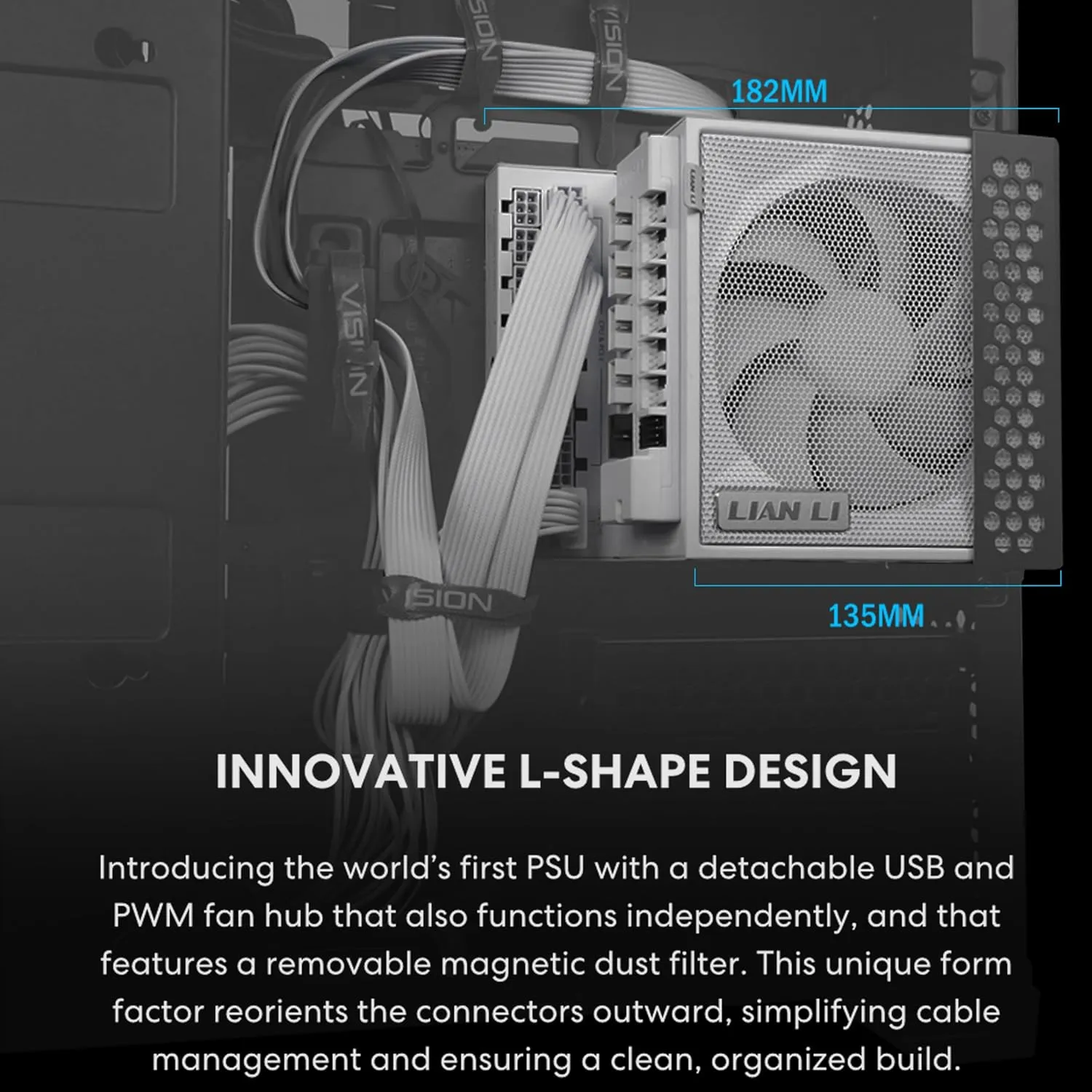 Lian Li Edge Serie - 1000W Full Modular Power Supply (Fan USB Hub Included) - Gold - ATX 3.1 - PCIE 5.1 Support - 12V-2x6 Connector - L-Shape Design for Dual Chamber Case - Black (EG1000G.BH)