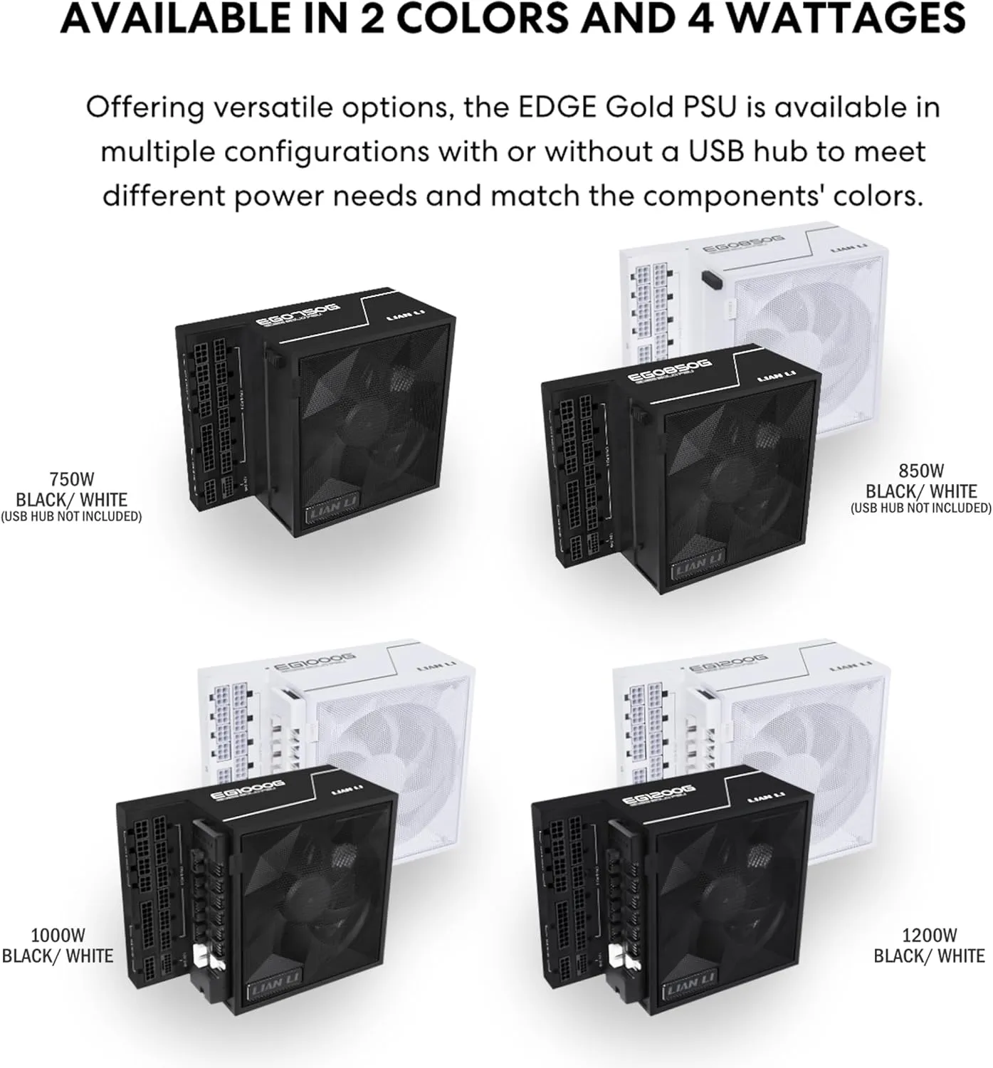Lian Li Edge Serie - 1000W Full Modular Power Supply (Fan USB Hub Included) - Gold - ATX 3.1 - PCIE 5.1 Support - 12V-2x6 Connector - L-Shape Design for Dual Chamber Case - Black (EG1000G.BH)