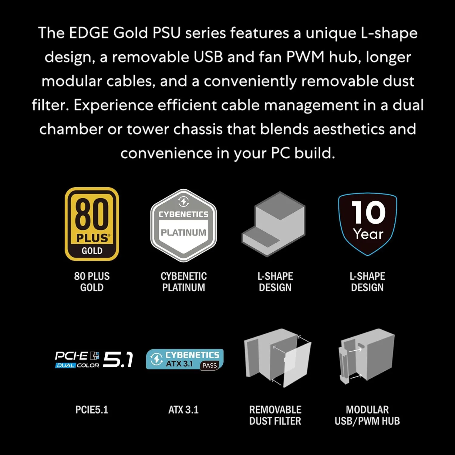 Lian Li Edge Serie - 1000W Full Modular Power Supply (Fan USB Hub Included) - Gold - ATX 3.1 - PCIE 5.1 Support - 12V-2x6 Connector - L-Shape Design for Dual Chamber Case - Black (EG1000G.BH)
