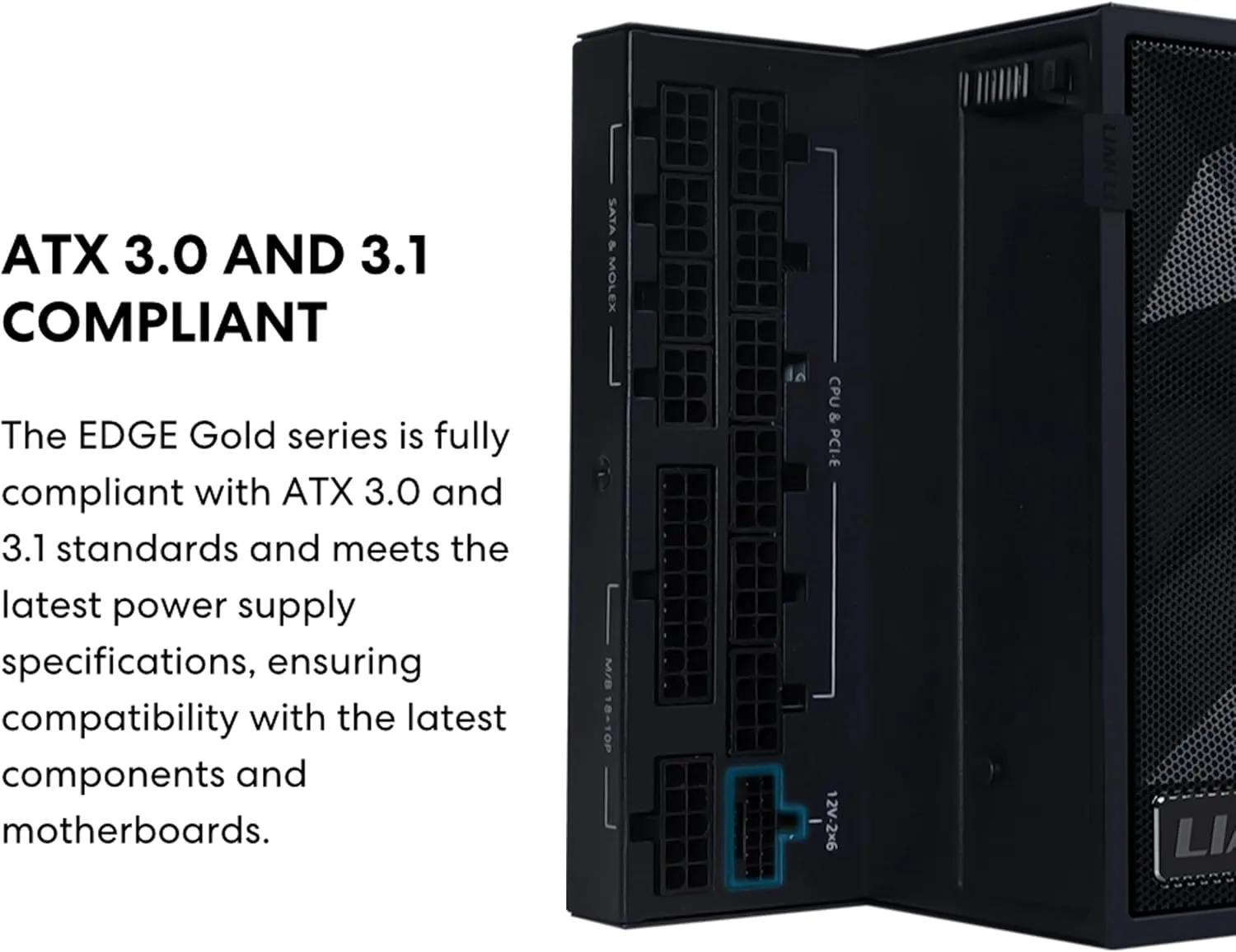 Lian Li Edge Serie - 1000W Full Modular Power Supply (Fan USB Hub Included) - Gold - ATX 3.1 - PCIE 5.1 Support - 12V-2x6 Connector - L-Shape Design for Dual Chamber Case - Black (EG1000G.BH)
