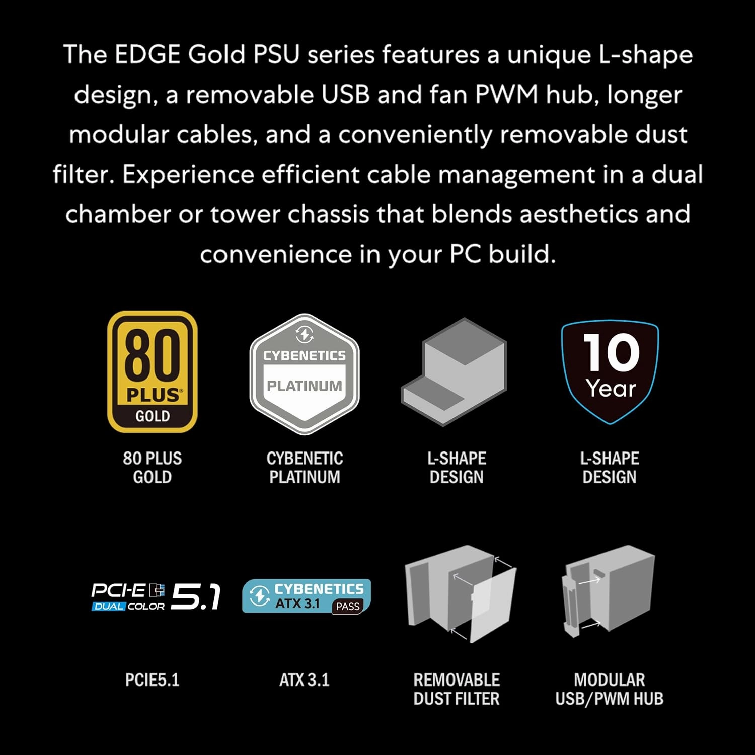 Lian Li Edge Serie - 1200W Full Modular Power Supply (Fan USB Hub Included) - Gold - ATX 3.1 - PCIE 5.1 Support - 12V-2x6 Connector - L-Shape Design for Dual Chamber Case - Black (EG1200G.BH)