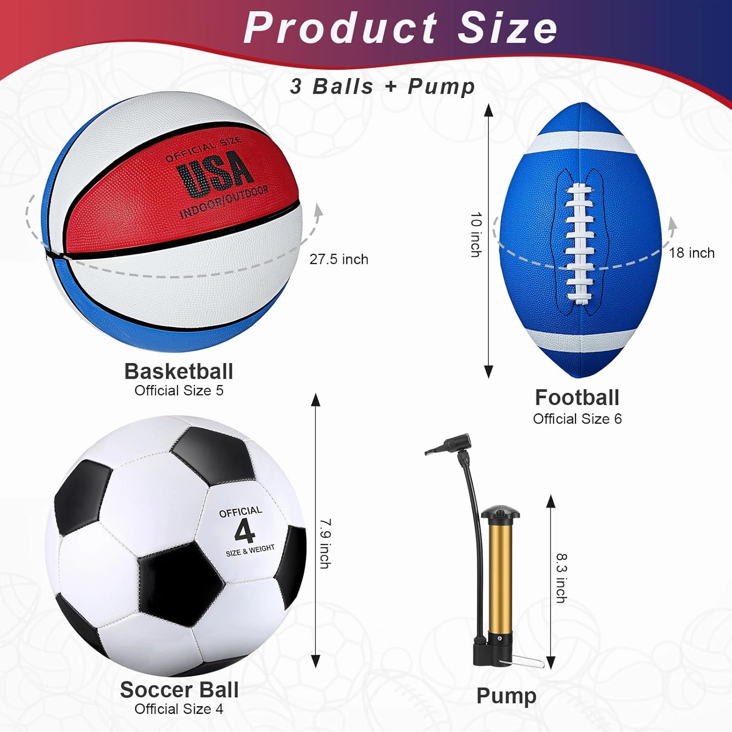Libima 3 Pcs Sports Ball Set Include Official Size 5 Basketball 4 Soccer 6 Football with Pump and Carry Bag Gift Training