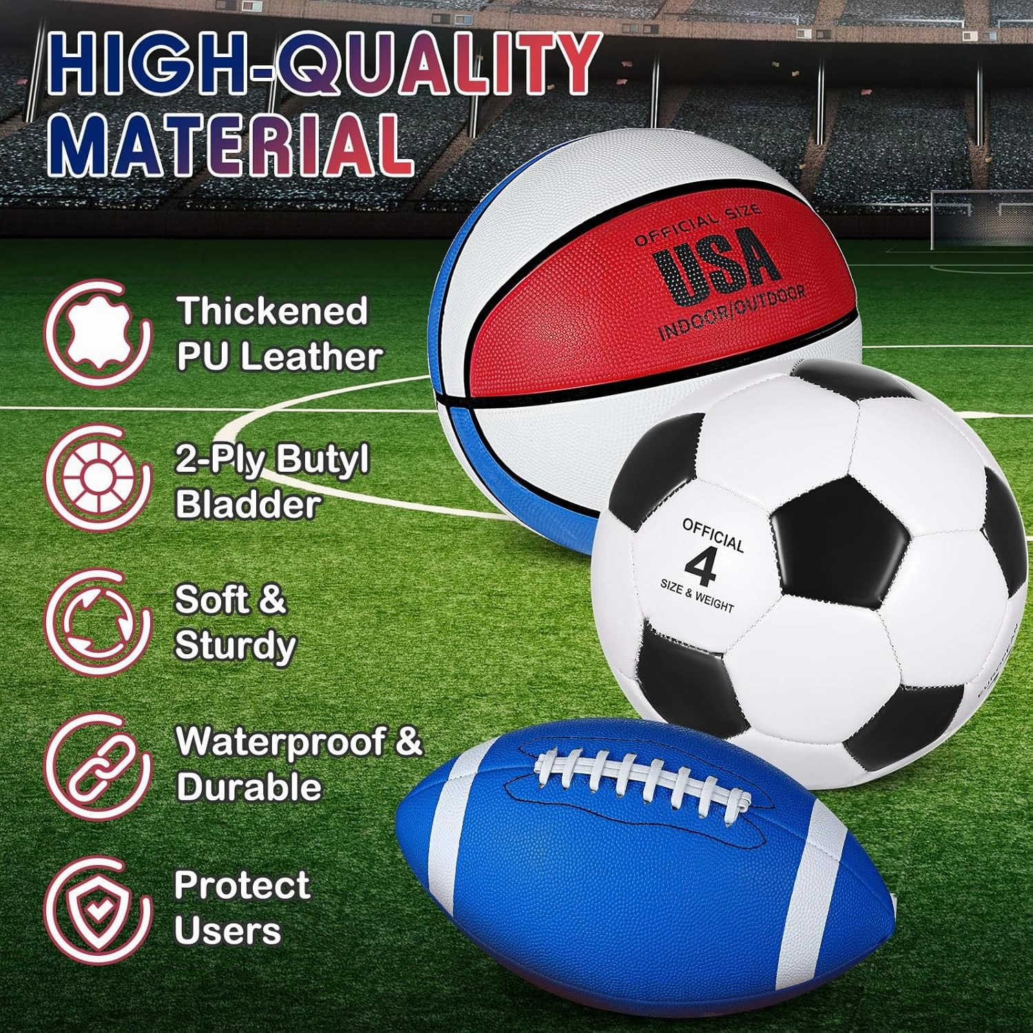 Libima 3 Pcs Sports Ball Set Include Official Size 5 Basketball 4 Soccer 6 Football with Pump and Carry Bag Gift Training