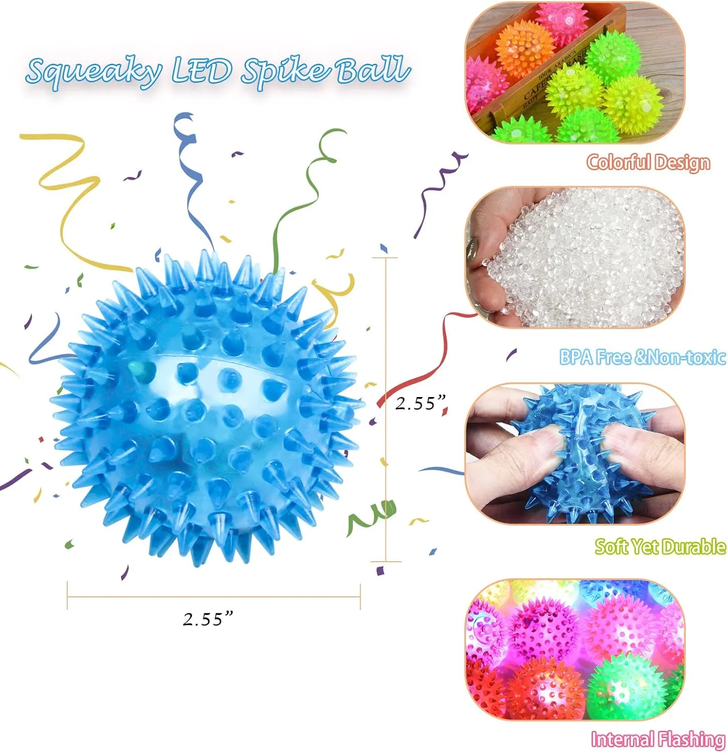 Light Up Bouncy Balls, 2.55" Glow in The Dark Party Favor for Kids Adults Stress Relief,LED Flashing Soft Spike Balls Bulk Toys for Gifts School Rewards