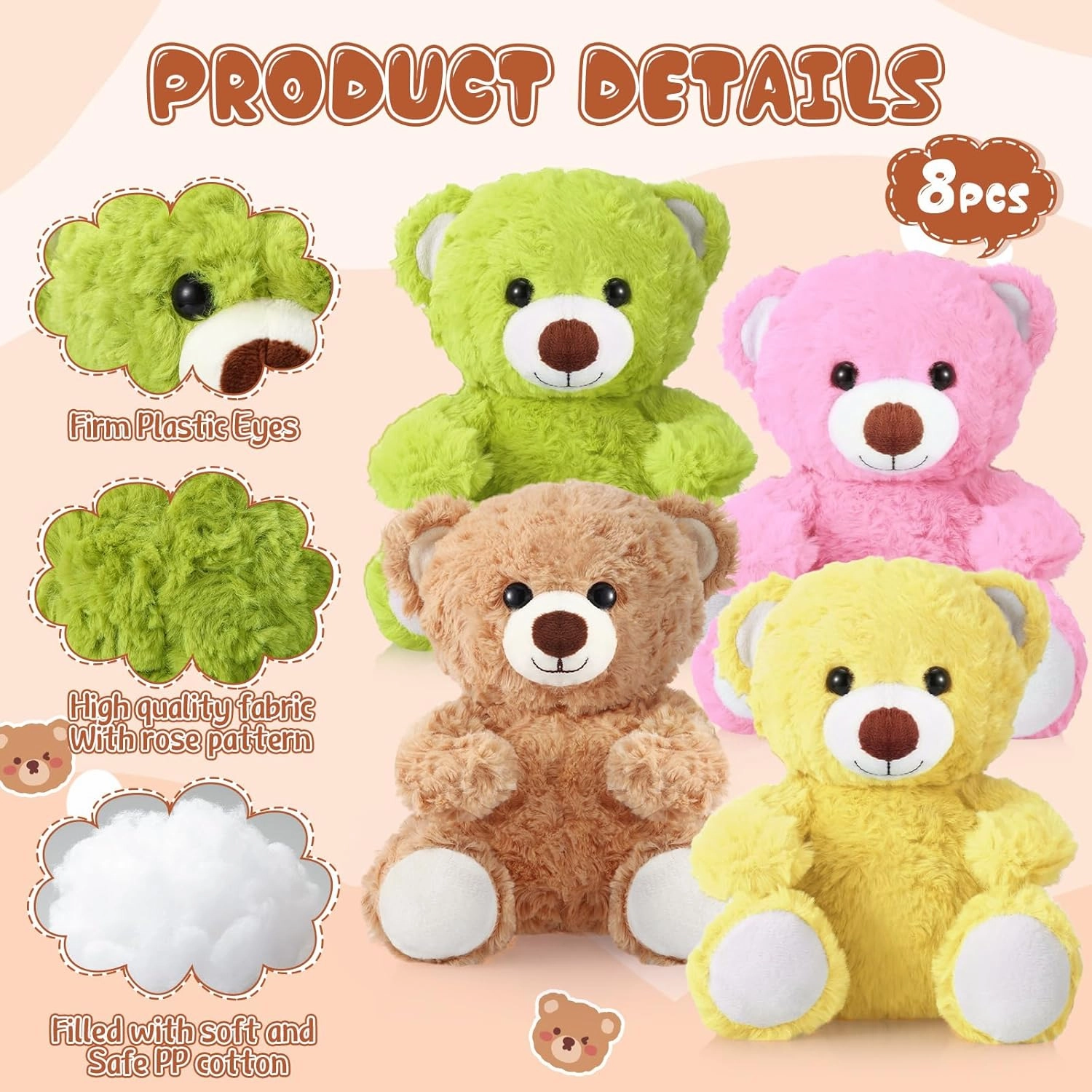 Liliful 8 Pieces 8 Inch Bear Stuffed Animal Bulk Stuffed Animals Plush Toys Bear Party Favors for Baby Shower Birthday Party Gifts Supplies(Multicolor)