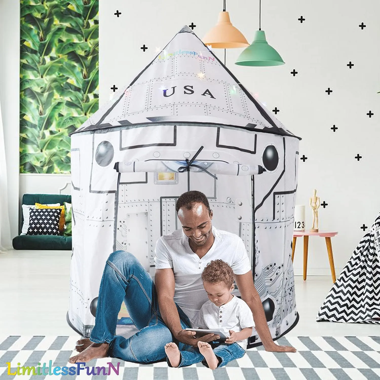 LimitlessFunN Space Rocket Ship Pop Up Kids Play Tent | Includes Star Lights & Carrying Case |, Children Indoor Castle Playhouse for Boys, Toddlers, 41" D x 41" W x 53" H