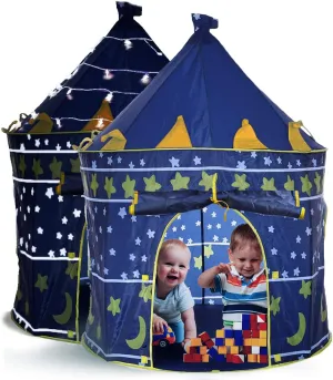LimitlessFunN Stars & Moon Pop Up Kids Play Tent | Includes Star Lights & Carrying Case |, Children Indoor Castle Playhouse for Boys, Toddlers, 41" D x 41" W x 53" H