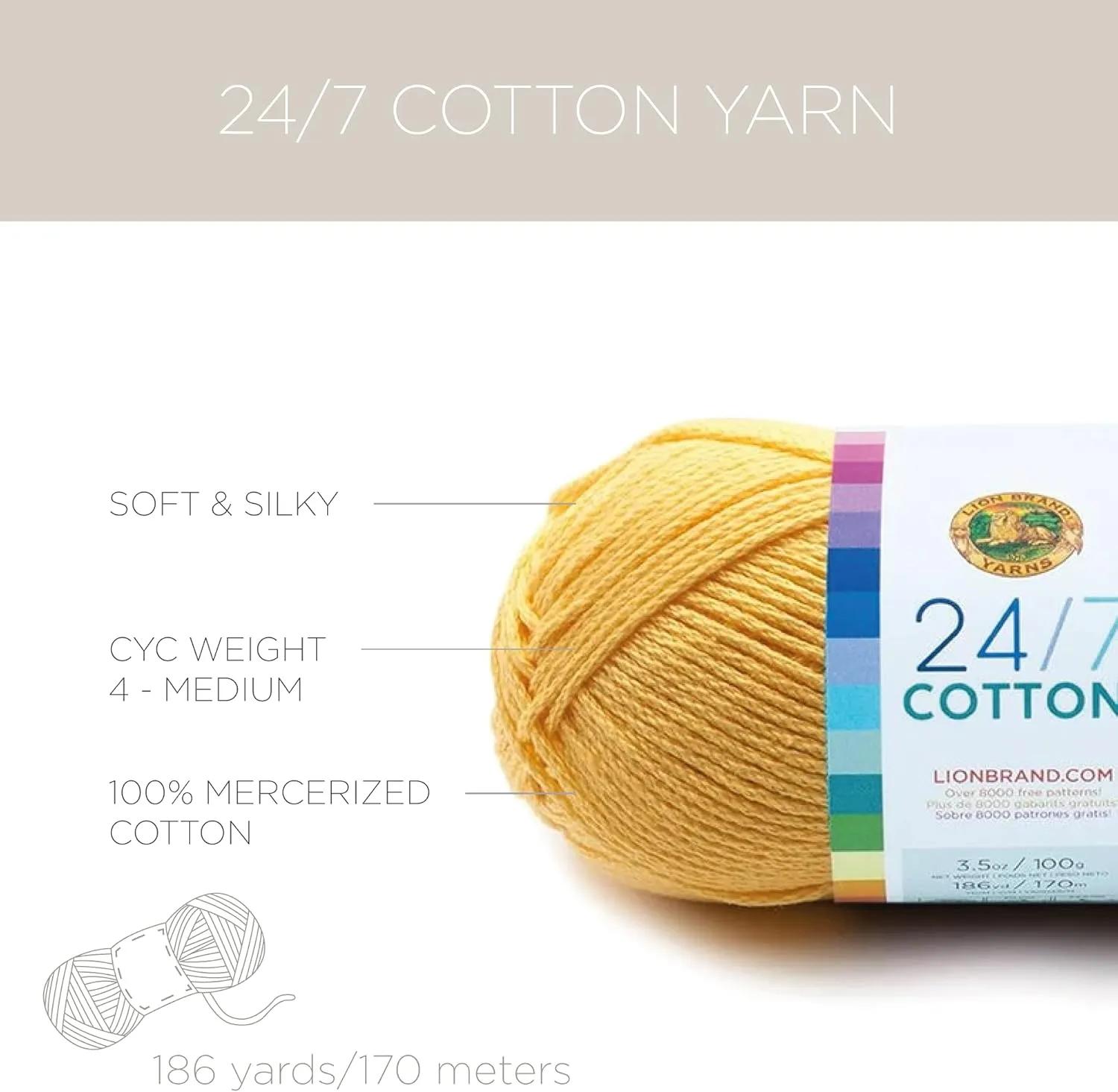 Lion Brand 24/7 Cotton Yarn, Yarn for Knitting, Crocheting, and Crafts, Amber, 3 Pack