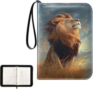 Lion Sitting on The Grassland Card Binder 4 Pocket, Trading Card Holder Fits 400 Game Cards with 50 Removable Sleeves, MTG Card Case Standard Size