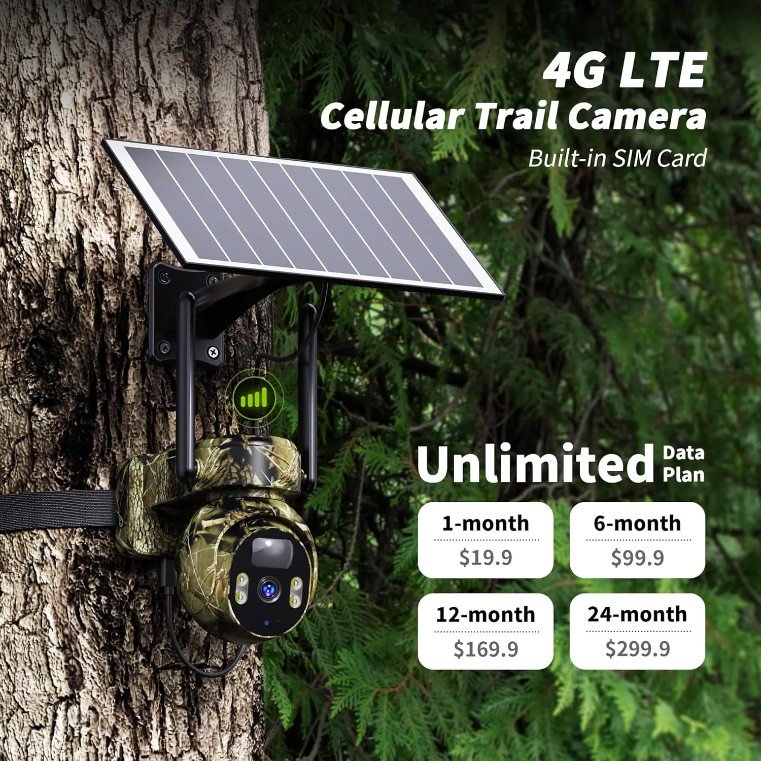 LIWAN Cellular Trail Camera, 4G LTE with Solar Panel, 2K Live Video Game Cameras Include SIM Card with Color Night Vision, Motion Activated, No Wi-Fi, IP66 Waterproof for Wildlife, Hunting