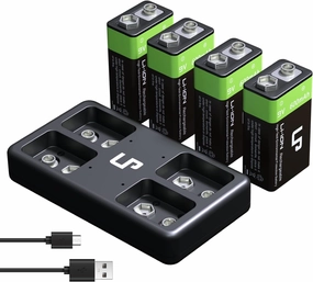 LP Rechargeable 9V Lithium Batteries - 600mAh Long Lasting LI-ion Batteries with Micro USB Charging Station - 4-Pack 9 Volt Batteries