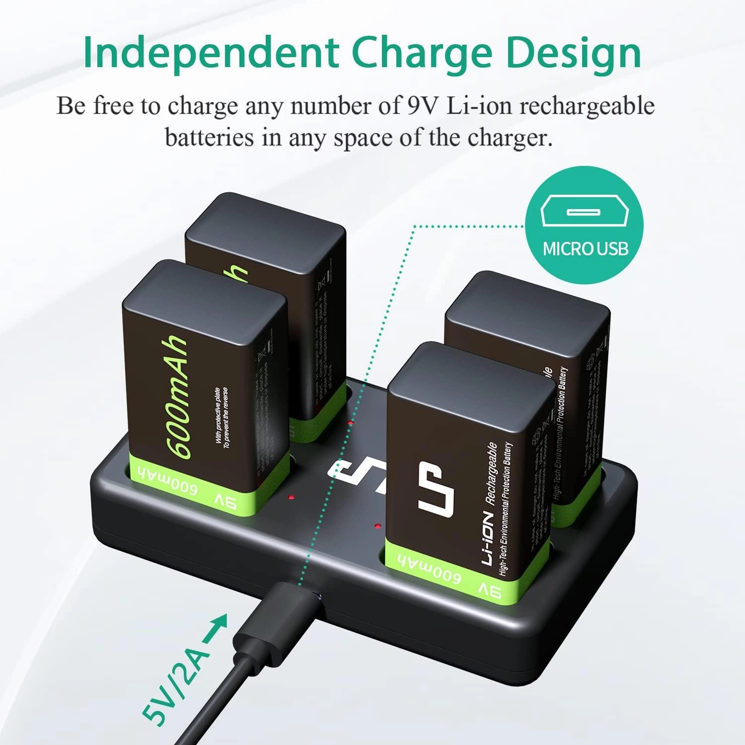 LP Rechargeable 9V Lithium Batteries - 600mAh Long Lasting LI-ion Batteries with Micro USB Charging Station - 4-Pack 9 Volt Batteries