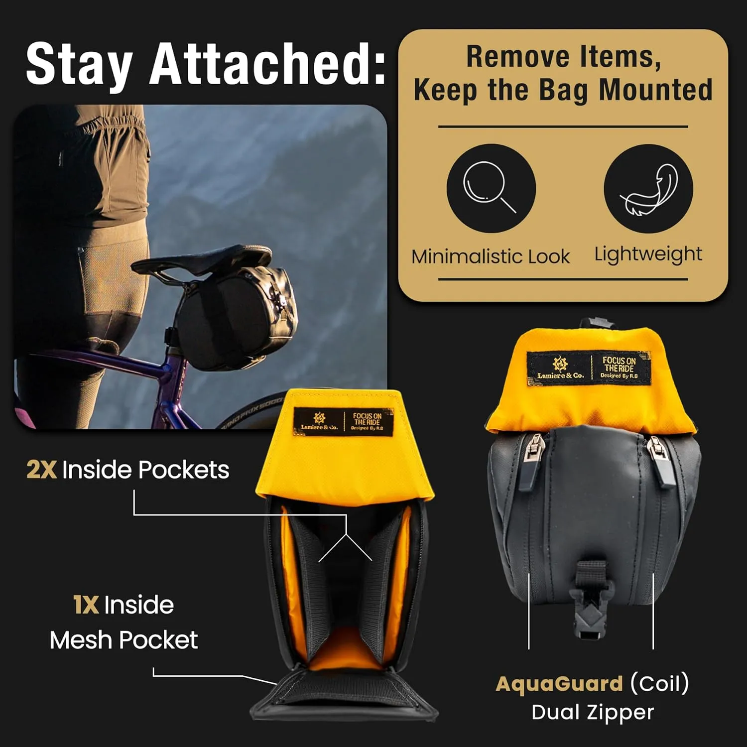 Lumiere & Co. Maximus Large Magnetic Bike Seat Bag – Quick-Attach Saddle Bag with AquaGuard Zippers, Secure Under-Seat Storage for Cycling Gear & Accessories