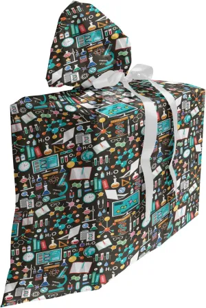 Lunarable Science Fabric Gift Bag, Chemical and Scientific Elements DNA Module Globe Atom Experiment Pattern, Present Sack for Parties Birthdays with 3 Ribbons, 27, Multicolor