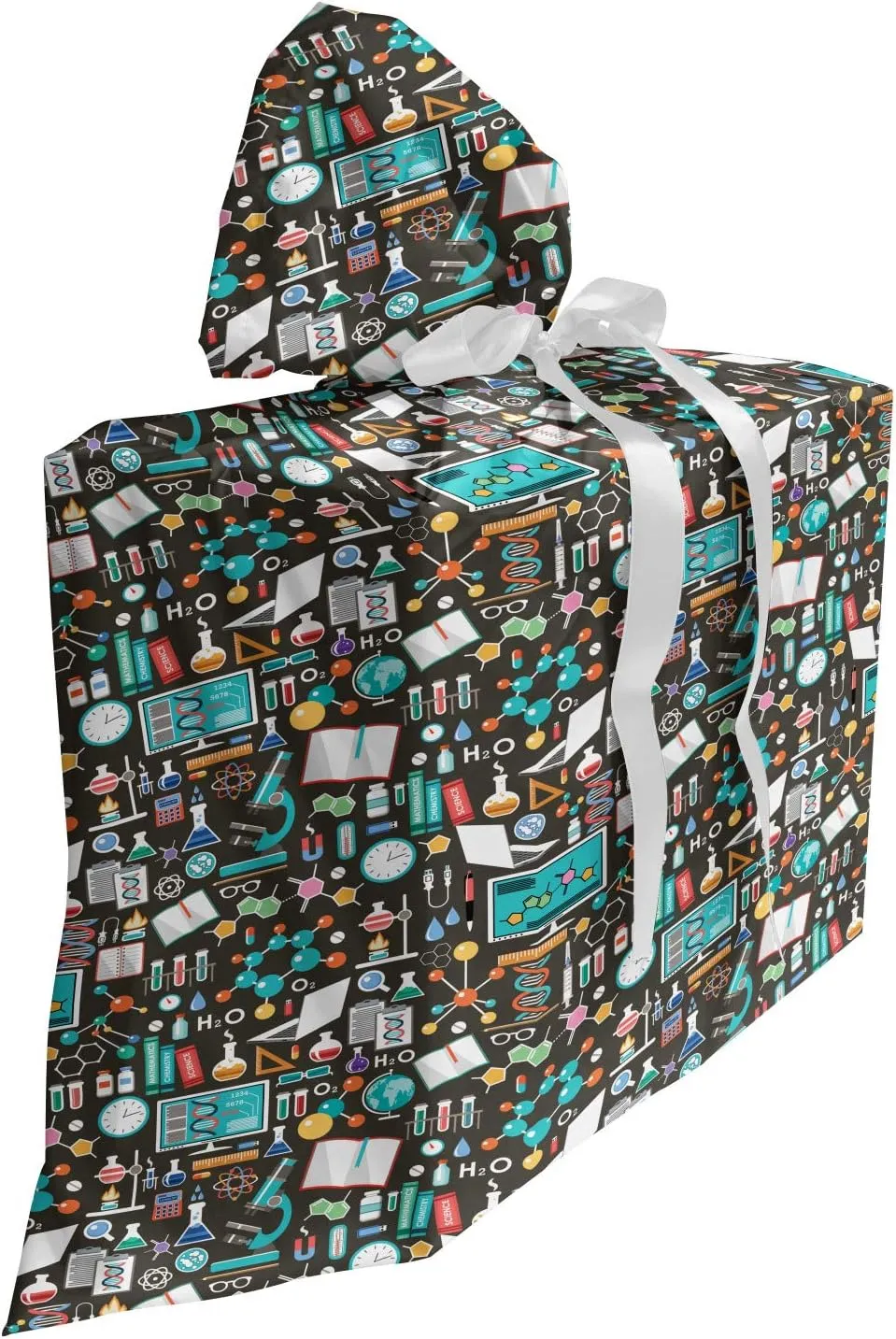 Lunarable Science Fabric Gift Bag, Chemical and Scientific Elements DNA Module Globe Atom Experiment Pattern, Present Sack for Parties Birthdays with 3 Ribbons, 27, Multicolor