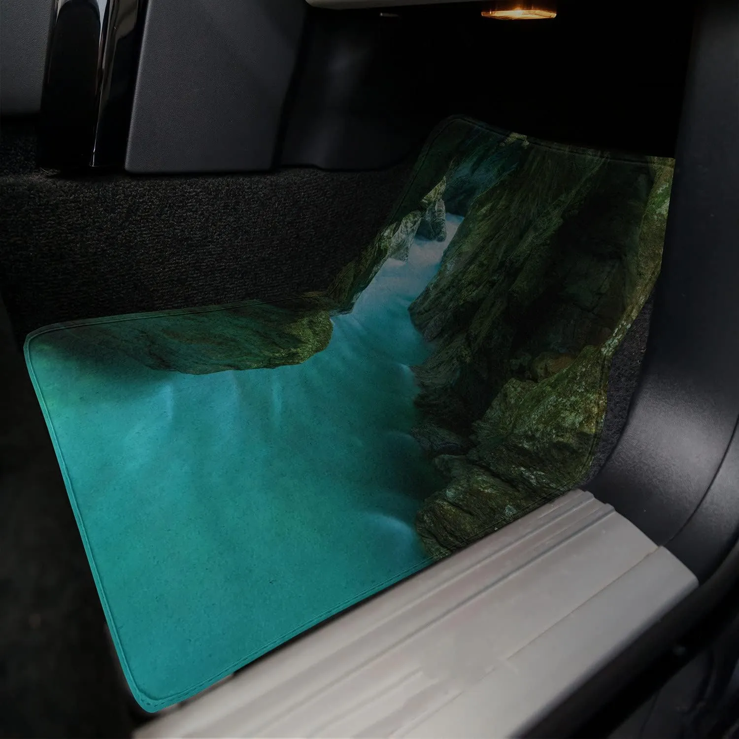 Lunarable Waterfall Car Mat Set of 2, Tolminka Alpine River Water and Caves Exotic Nature Travel Picture, Front Seat Floor Mat Durable PVC Backing Accesory, 27.5" x 17.9", Turquoise Dark Green