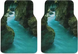 Lunarable Waterfall Car Mat Set of 2, Tolminka Alpine River Water and Caves Exotic Nature Travel Picture, Front Seat Floor Mat Durable PVC Backing Accesory, 27.5" x 17.9", Turquoise Dark Green