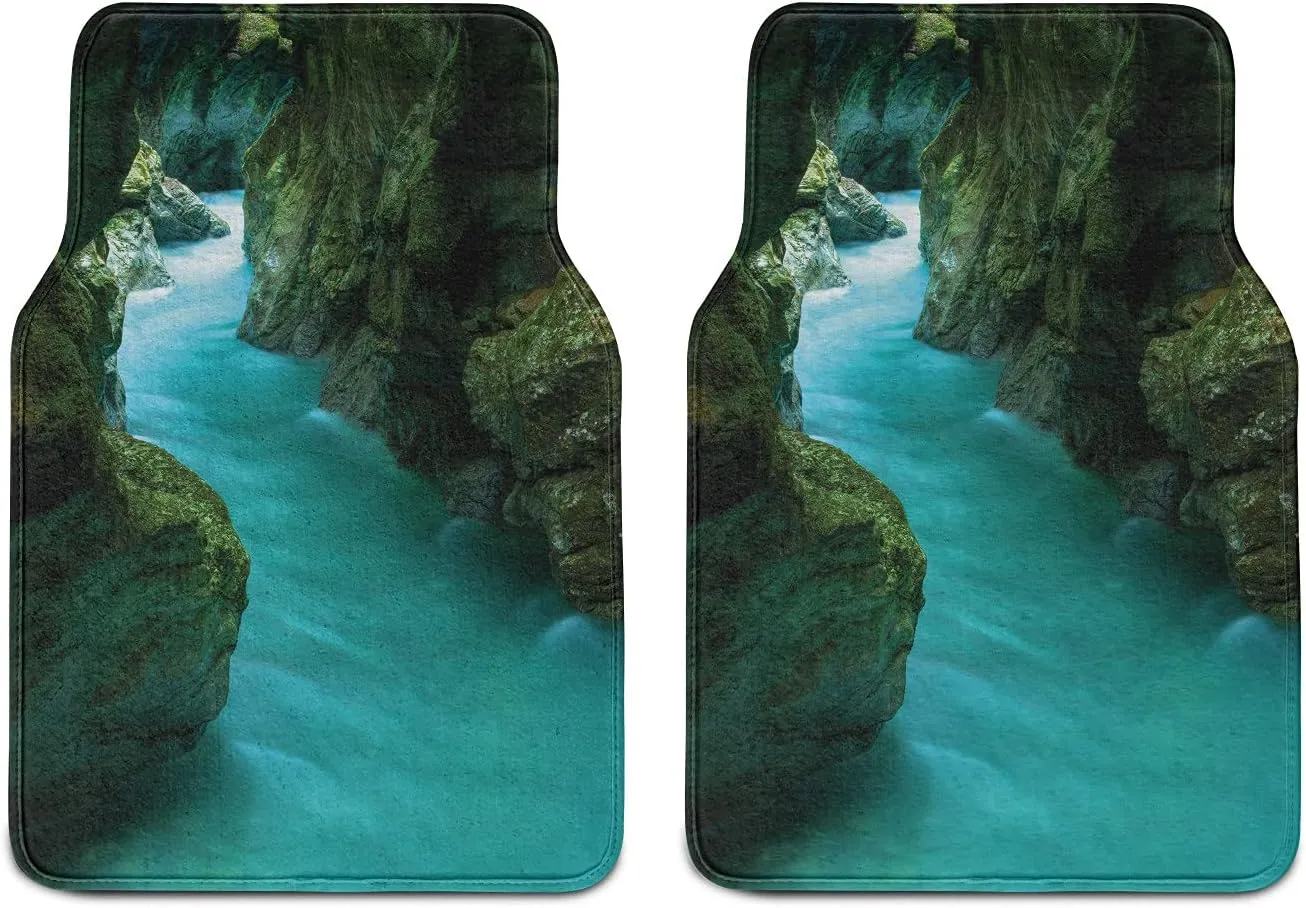 Lunarable Waterfall Car Mat Set of 2, Tolminka Alpine River Water and Caves Exotic Nature Travel Picture, Front Seat Floor Mat Durable PVC Backing Accesory, 27.5" x 17.9", Turquoise Dark Green