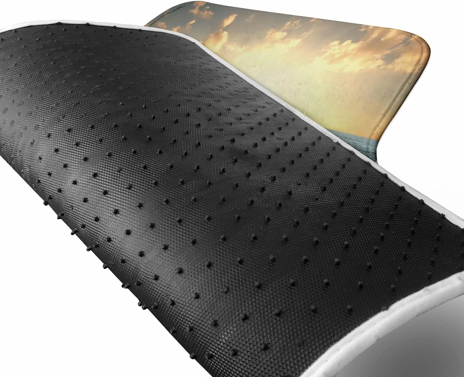 Lunarable Ocean Car Mat Set of 2, Sunset at Smooth Sandy Beach with Small Wave and Bubbles from The Sea Picture, Front Seat Floor Mat Durable PVC Backing Accesory, 27.5" x 17.9", Apricot and Blue