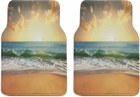Lunarable Ocean Car Mat Set of 2, Sunset at Smooth Sandy Beach with Small Wave and Bubbles from The Sea Picture, Front Seat Floor Mat Durable PVC Backing Accesory, 27.5" x 17.9", Apricot and Blue