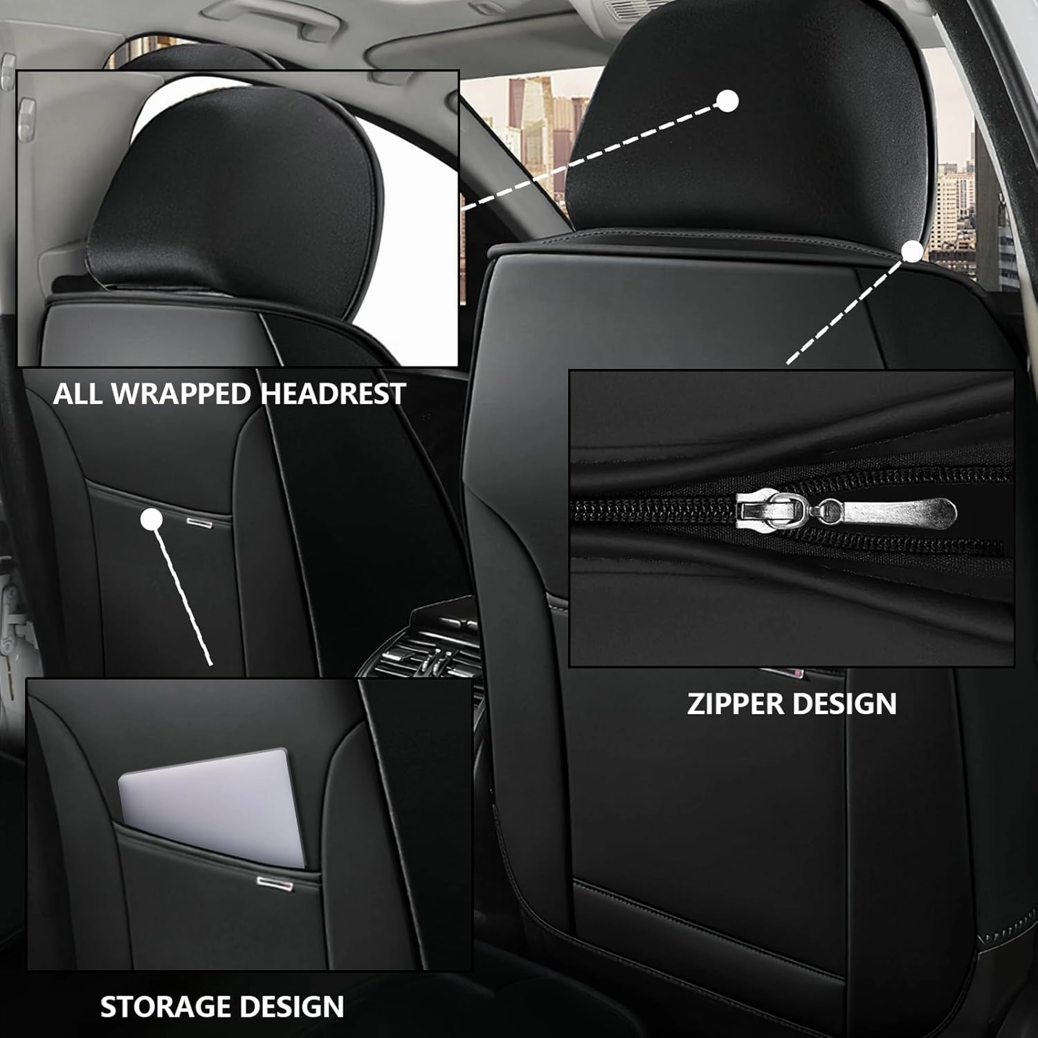 Luxury Car Seat Covers for Land Rover Discovery Sport 2015-2025,Waterproof Soft Breathable PU Leather Seat Cover with Storage Pockets(Classic Black,Front Set with Pillow)