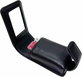 Luxury Handheld Lipstick Pouch with Mirror,Genuine Leather Lip Balm Case with Clamshell Magnetic Hidden Clasp,Exquisite Travel Makeup Lipstick Case. 4.1x2.3x1.8 inches (Black)
