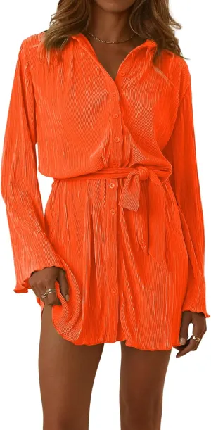 LYANER Women's Collar V Neck Button Down Pleated Long Sleeve Mini Shirt Dress with Belt