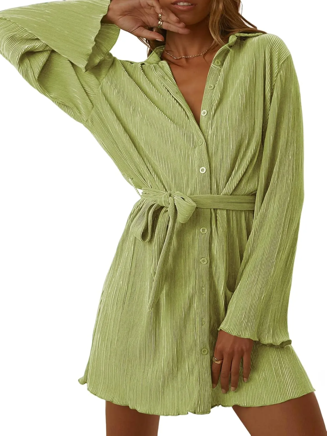 LYANER Women's Collar V Neck Button Down Pleated Long Sleeve Mini Shirt Dress with Belt