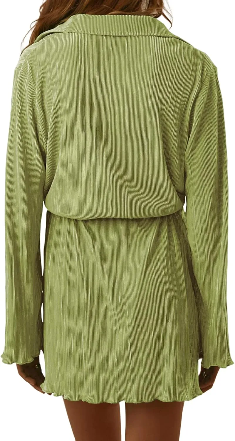 LYANER Women's Collar V Neck Button Down Pleated Long Sleeve Mini Shirt Dress with Belt