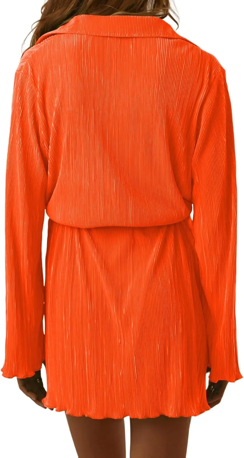 LYANER Women's Collar V Neck Button Down Pleated Long Sleeve Mini Shirt Dress with Belt