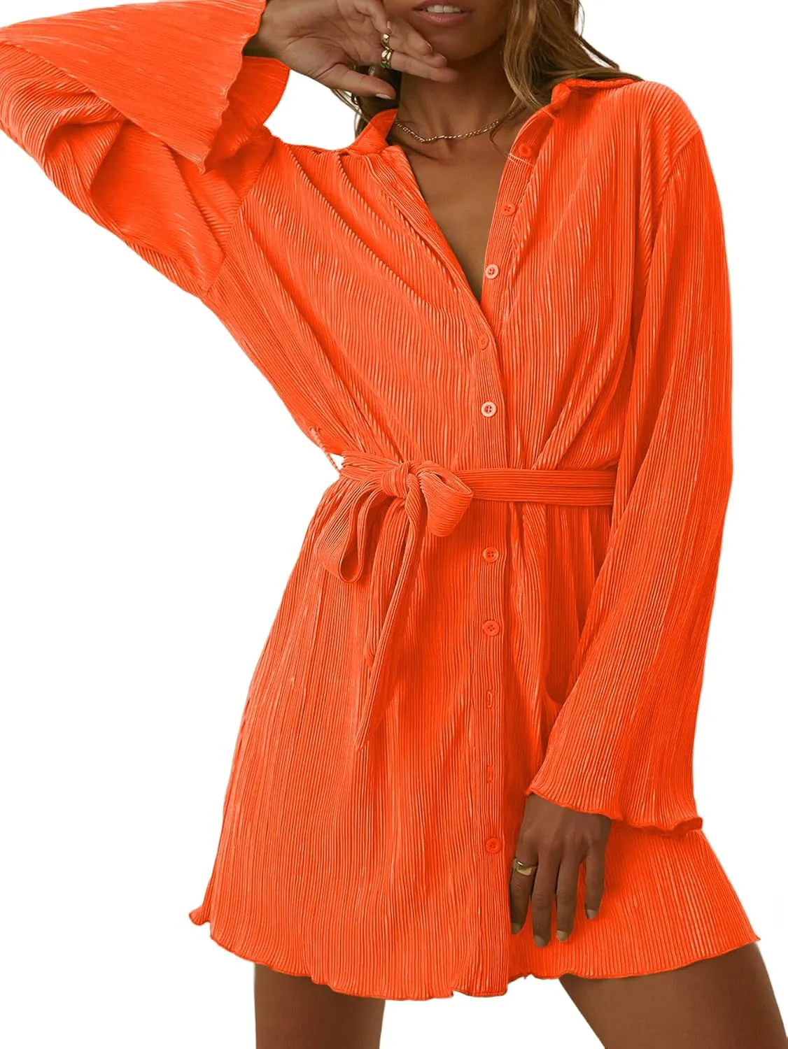LYANER Women's Collar V Neck Button Down Pleated Long Sleeve Mini Shirt Dress with Belt
