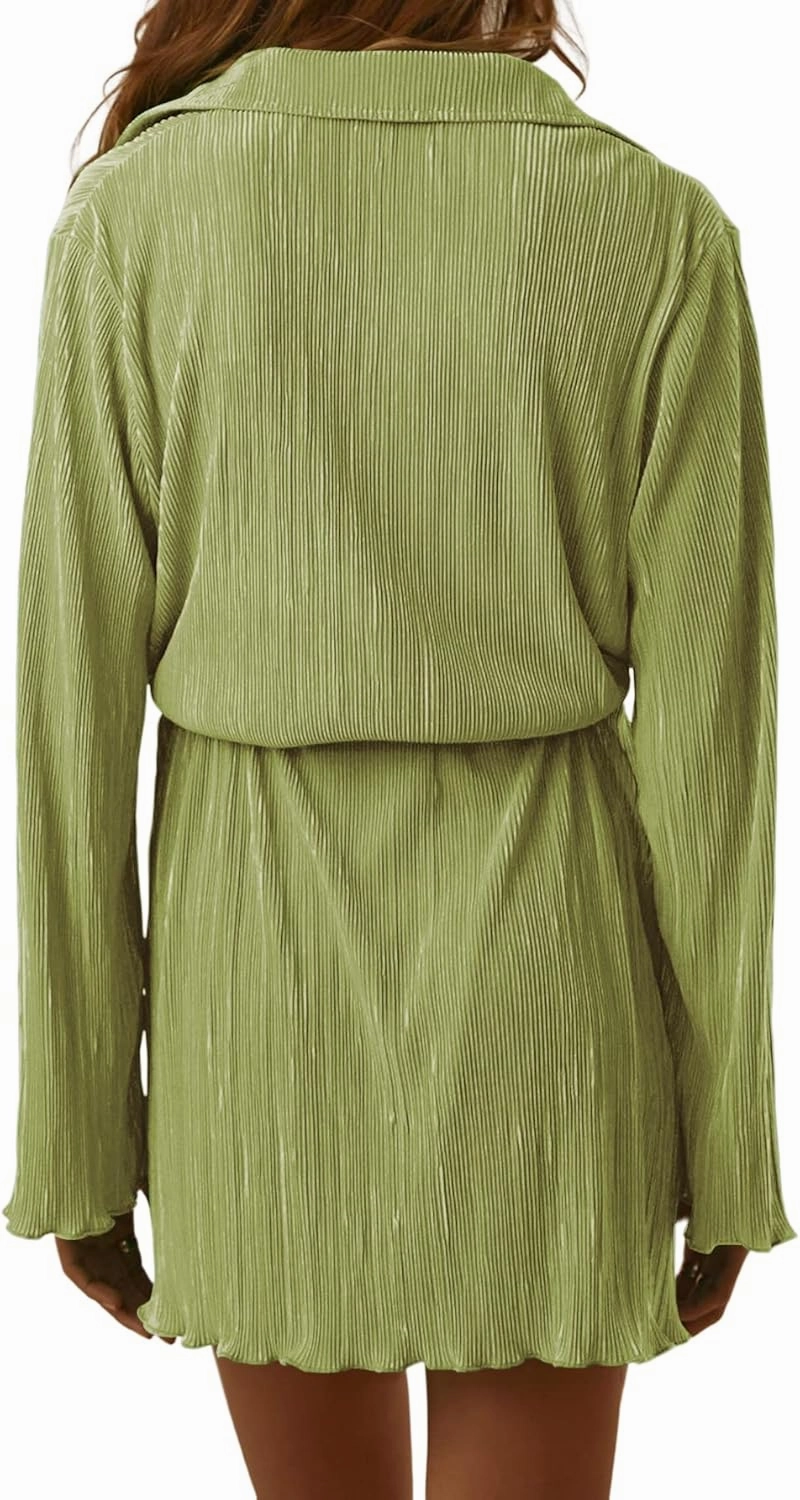 LYANER Women's Collar V Neck Button Down Pleated Long Sleeve Mini Shirt Dress with Belt