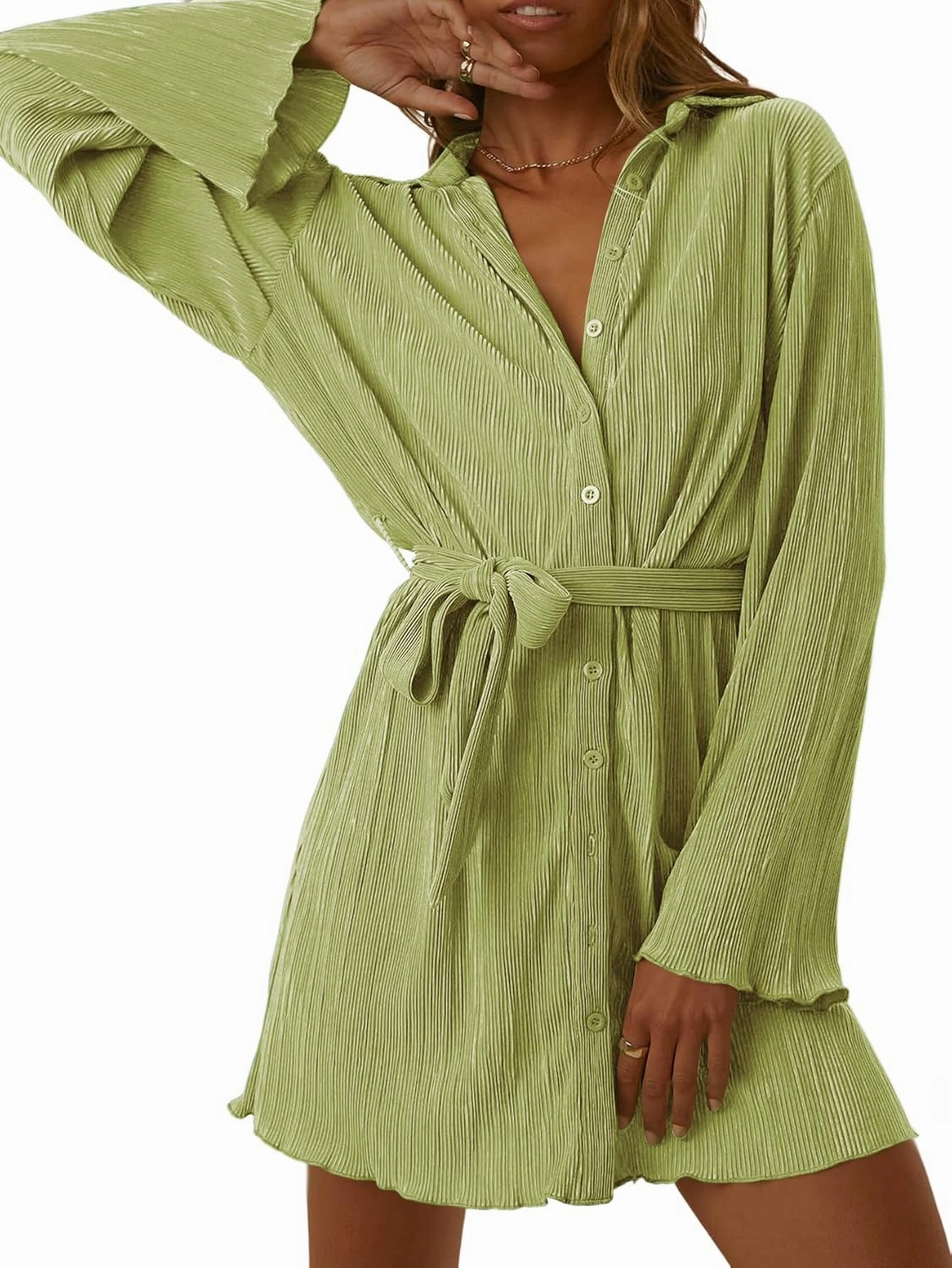 LYANER Women's Collar V Neck Button Down Pleated Long Sleeve Mini Shirt Dress with Belt
