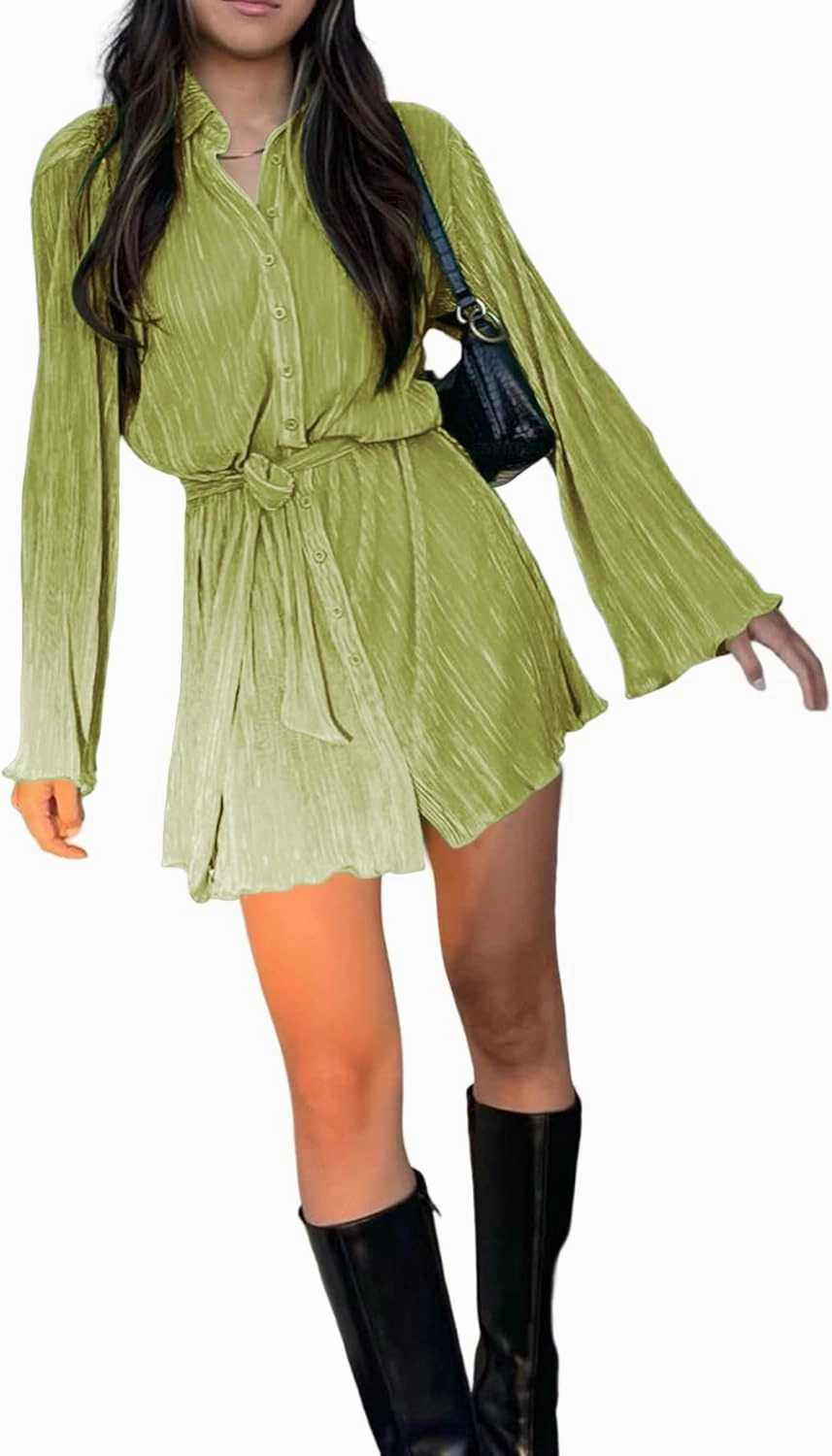LYANER Women's Collar V Neck Button Down Pleated Long Sleeve Mini Shirt Dress with Belt