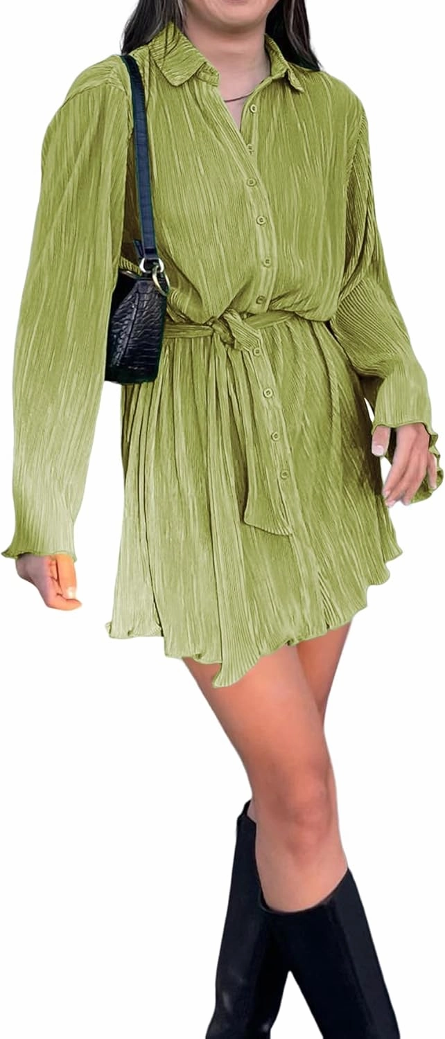 LYANER Women's Collar V Neck Button Down Pleated Long Sleeve Mini Shirt Dress with Belt