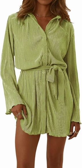 LYANER Women's Collar V Neck Button Down Pleated Long Sleeve Mini Shirt Dress with Belt