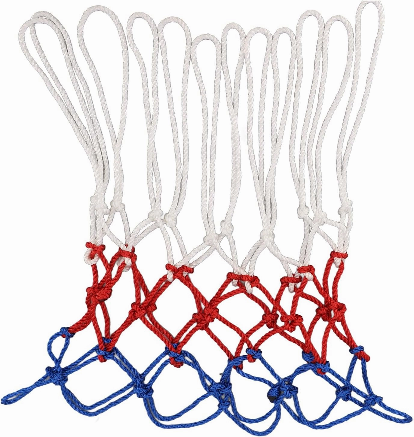lyrlody Heavy Duty Basketball Net Replacement, 12 Loops Professional, All Weather Anti Whip, Fits Standard Indoor or Outdoor, Red, White and Blue Color, Quick Setup Experience with