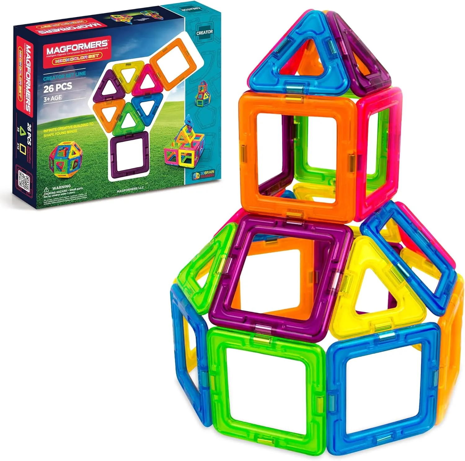 MAGFORMERS Neon 26 Pieces Rainbow Neon Colors, Educational Magnetic Geometric Shapes Tiles Building STEM Toy Set Ages 3 