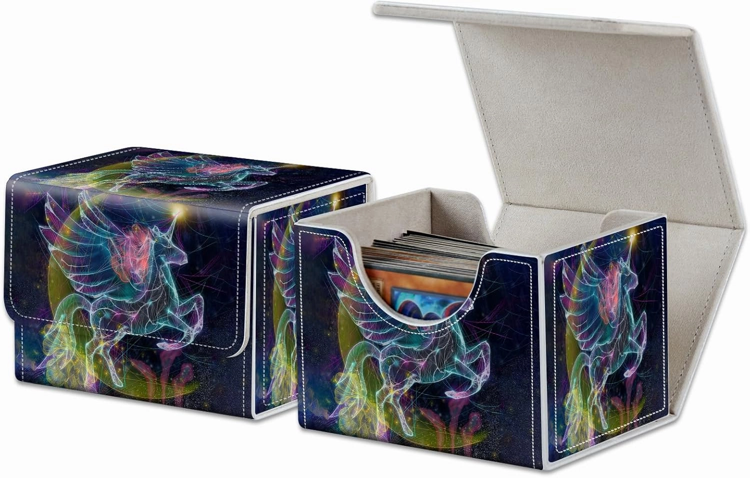 Magnet Card Case MTG Magic Deck Box TCG Up to 200 Cards Creative Pattern Trading Card Storage Box for Collectible Card Games, Transparent Unicorn Star