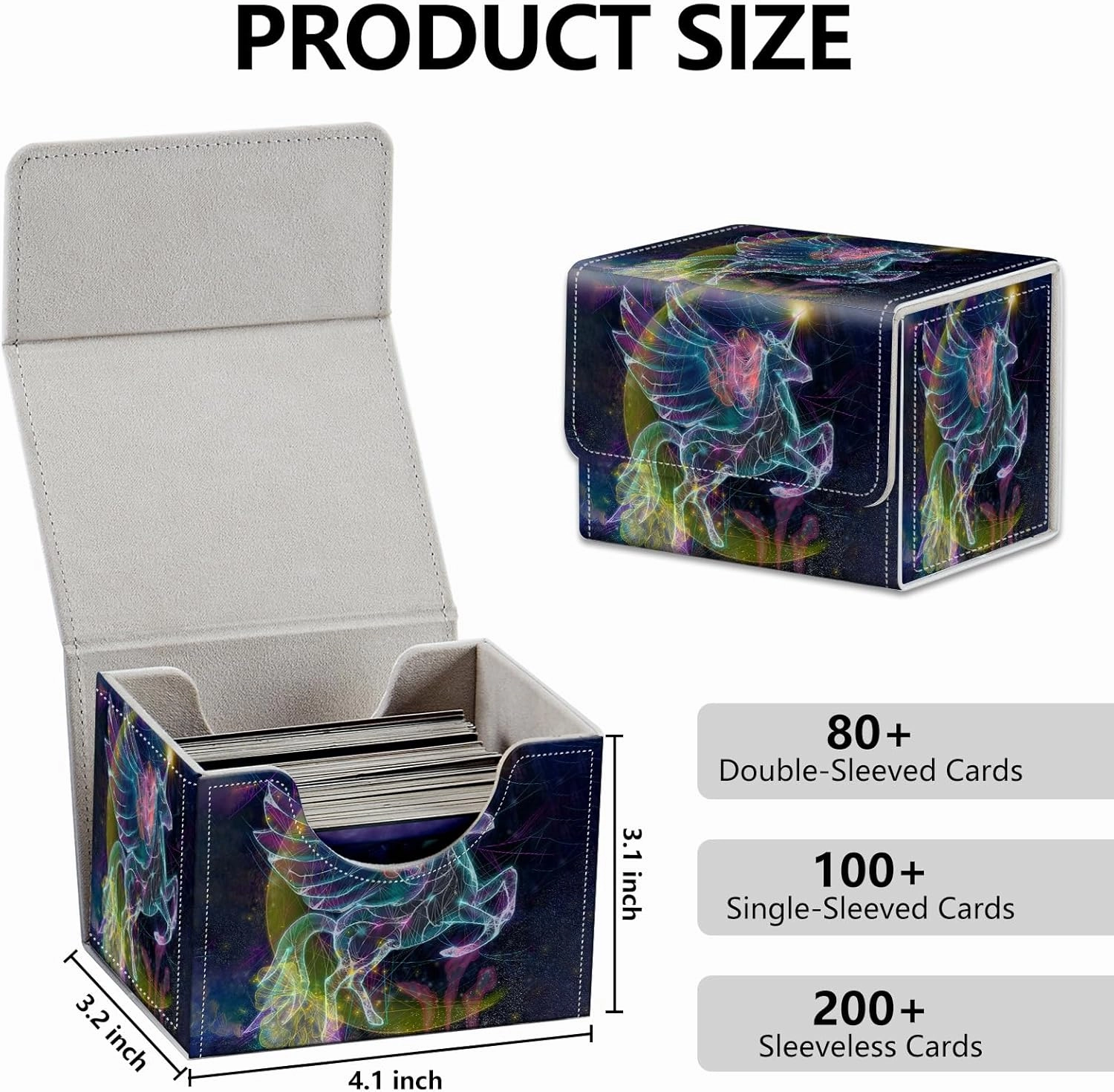 Magnet Card Case MTG Magic Deck Box TCG Up to 200 Cards Creative Pattern Trading Card Storage Box for Collectible Card Games, Transparent Unicorn Star