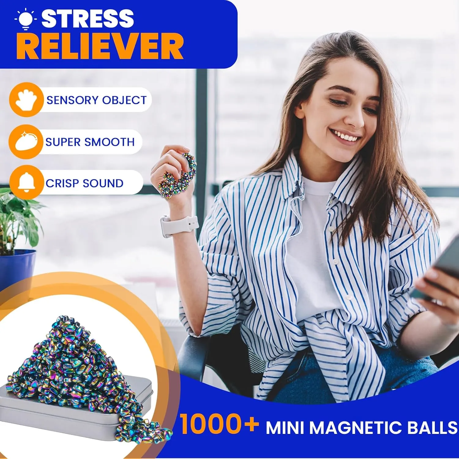 Magnetic Balls Over 1000 PCS Mini Rainbow Magnetic Putty, with 2 Big Smooth Magnetic Beads, Fidget Toys for Adult, Weak Ferrite Putty Desk Toys for Office (Colourful)