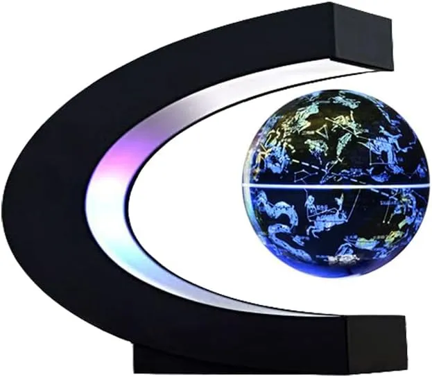 Magnetic Floating Globe 2 in 1 Blue 4in Constellations Globe World Map C Shape Base LED Light Lamp Rotating