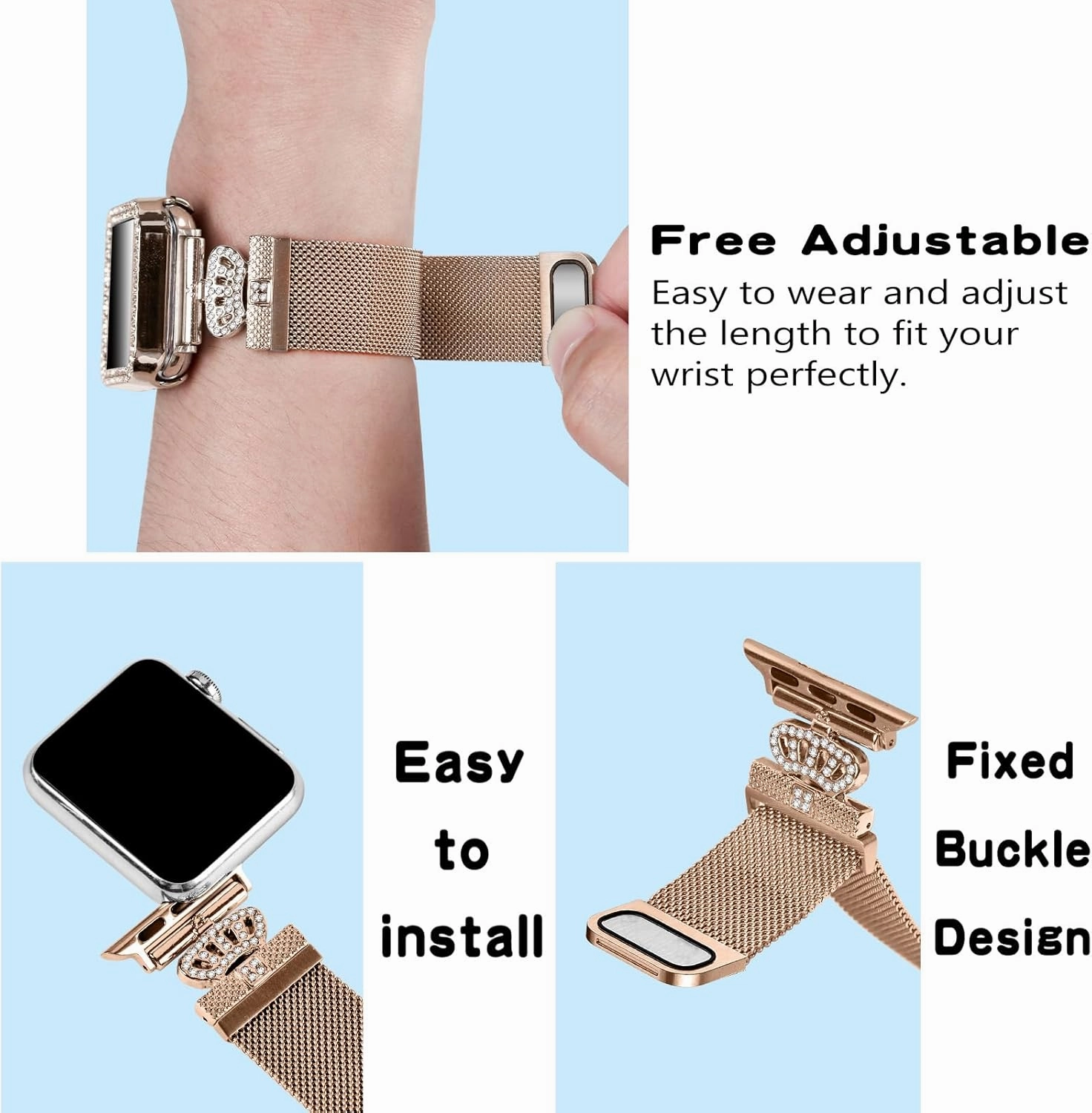 Magnetic Band Compatible with Apple Watch 38mm 40mm 41mm 42mm 44mm 45mm 46mm Stainless Steel Metal Strap with Bling Case and Built-in Screen Protector, Dressy Milanese Loop iWatch Bands for Women